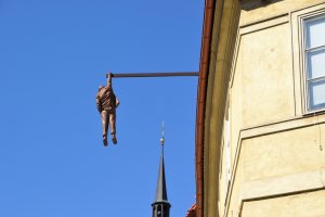 Man Hanging Out Statue Old Town Prague