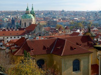 Panoramic view over Prague through the top of the hill